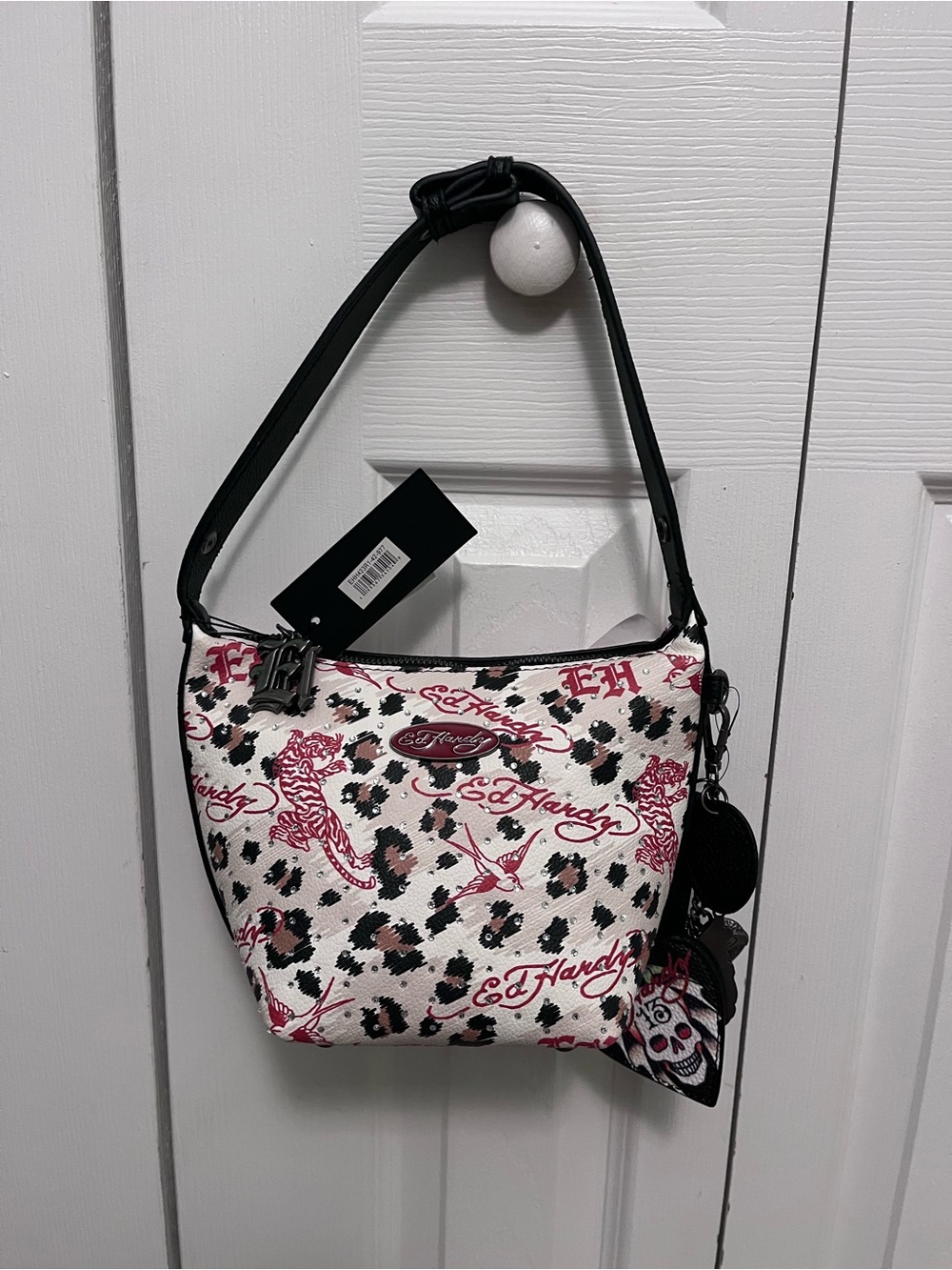 Ed Hardy White, Pink and Black Tattoo-Print Shoulder Bag